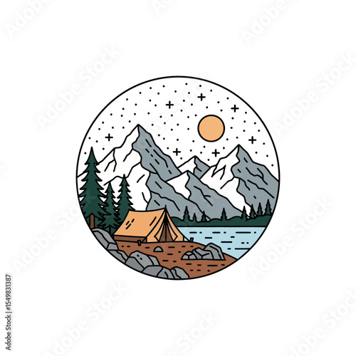 Nature Landscape with Camping Tent, Mountains, River, and Bright Sun in Round Frame - Vector Illustration