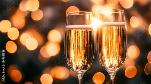 Champagne glasses clinking with soft sunset glow and warm golden bokeh lights in background