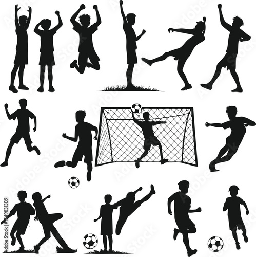 Dynamic soccer players silhouettes in action capturing the energy and excitement of a football game in playful black and white illustrations