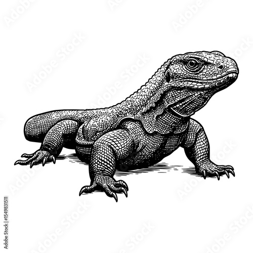 A Komodo Dragon Full Shot Detailed Black and White Outline Line Art Drawing Vintage Engraving Style