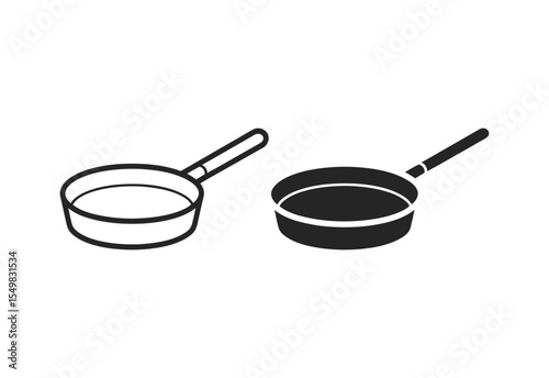 Two simple cooking pans one outlined and one solid black on white background