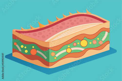 Colorful layered dish with vibrant ingredients and an appealing design served on a blue background