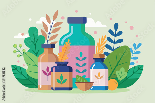 Colorful arrangement of herbal bottles surrounded by leaves and plants in a whimsical design depicting nature's essence