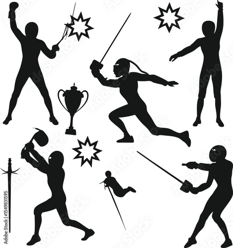 Fencing silhouettes action poses and championship trophy set for sport illustration design concepts
