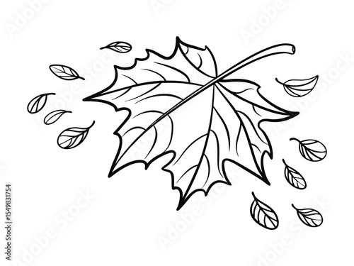 One line drawing of an autumn leaf. Autumn script font and leaves isolated on a white background vector illustration