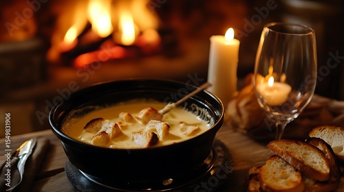 Cheese fondue served warm in black bowl with grilled bread near cozy fireplace and candlelight