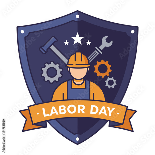 Labor Day shield emblem vector illustration with a worker, tools, gears, and stars, symbolizing protection and industry for the holiday