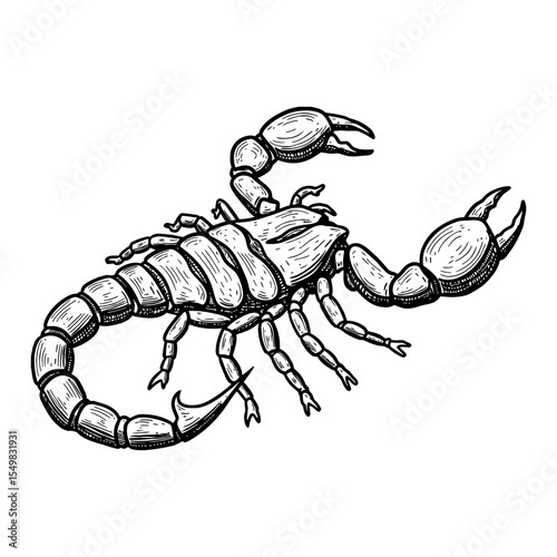 Detailed Scorpio Symbol of Scorpion Engraving Black and White Outline Line Art Drawing Vintage Style