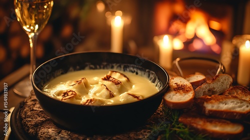 Cheese fondue served warm in black bowl with grilled bread near cozy fireplace and candlelight