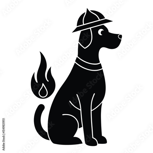 Loyal black dog wearing a firefighter helmet with a flame symbol on its tail