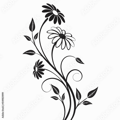 Elegant black silhouette of a blooming flower with leaves and buds on a white background