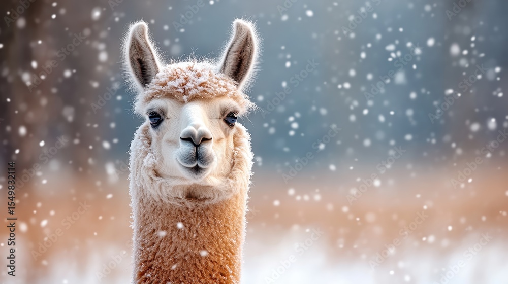 Obraz premium A serene portrait of a llama amidst falling snow, showcasing its fluffy coat and gentle expression in a tranquil winter setting with a soft-focused background.