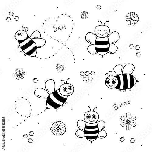 Cute cartoon bees set. Hand drawn outline illustration of bees and flowers. Vector illustration of insects on a white background.