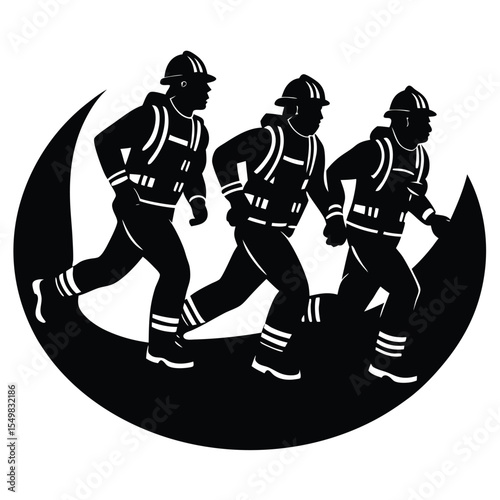 Three firefighters in silhouette running together as a team