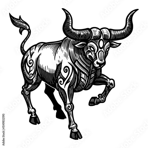 Ancient Mythological Taurus Detailed Symbol Minimalist Bull Logo Black and White Outline Line Art Drawing