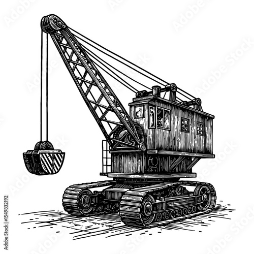 Vintage Steam Powered Crane Heavy Industrial Machine Black and White Outline Line Art Drawing