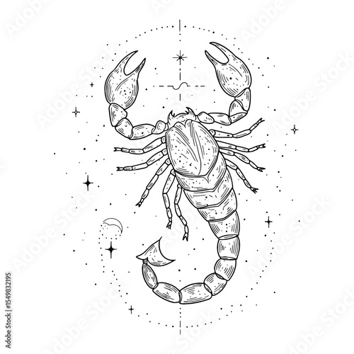 Scorpio Minimalist Logo Symbol with Cosmic Star Elements Black and White Outline Line Art Drawing Illustration