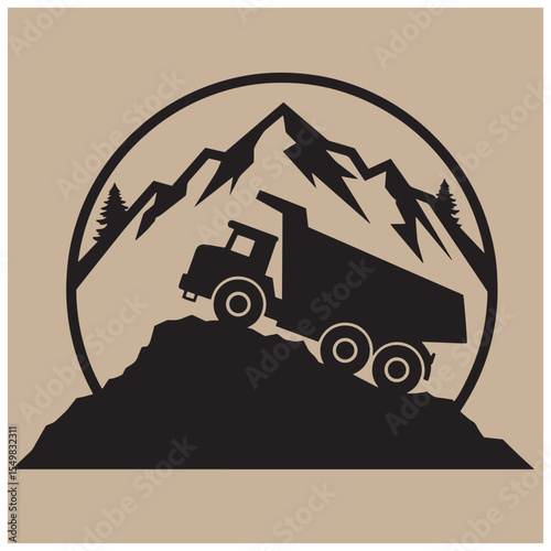 Silhouette illustration of a dump truck climbing a rocky hill with mountain background