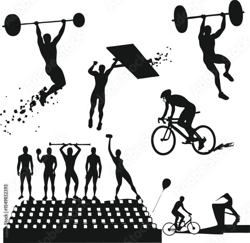 Silhouette athletes engaged in competitive sports and activities showcasing strength and endurance in monochrome