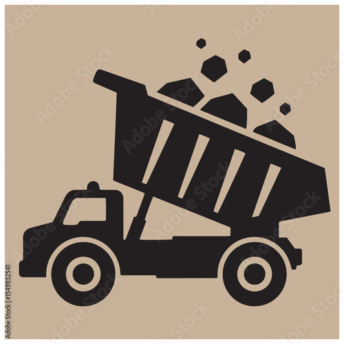 Silhouette illustration of a dump truck unloading rocks with a neutral background.