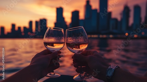 Cinematic golden hour city skyline with calm water reflections, two hands holding wine glasses in focus, one wearing a watch, luxurious and romantic atmosphere, ultra-high resolutio