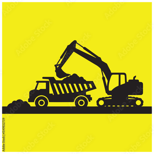 Silhouette illustration of an excavator loading a dump truck on a yellow background