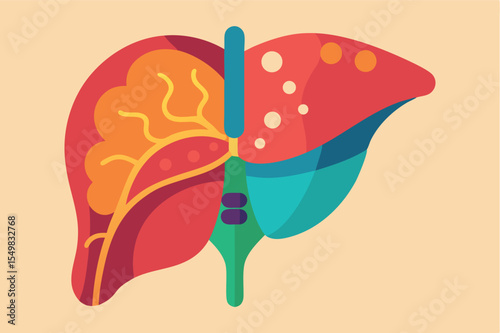 Detailed illustration of human liver anatomy showcasing structure and functions in vibrant colors