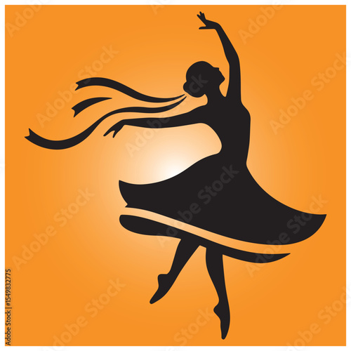 Silhouette of a ballerina in a graceful pose against an orange background vector illustration