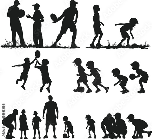 Silhouette collection of children and adults engaging in various outdoor recreational activities demonstrating dynamic movement and playtime moments