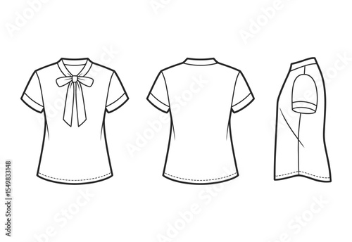 Fashion illustration of a short sleeve bow neck blouse from front back and side views