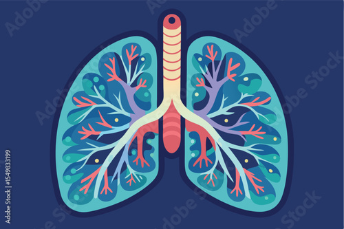 Intricate illustration of human lungs showcasing detailed bronchi and alveoli in vibrant colors and organic patterns