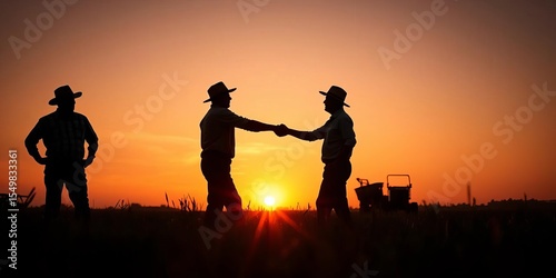 Sunset silhouettes of farmers shaking hands in a field,  twilight,  togetherness