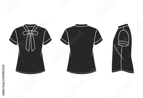 Black short sleeve blouse with bow detail shown from front back and side