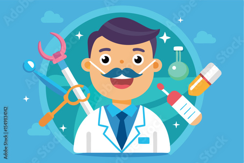 Cartoon character of a smiling dentist surrounded by dental tools in a bright, friendly design