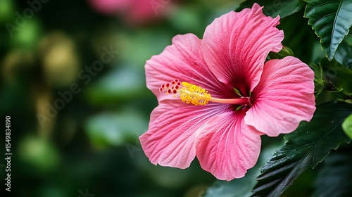 Close-up of a vibrant pink hibiscus flower with yellow center, lush green leaves in the background, natural and bright