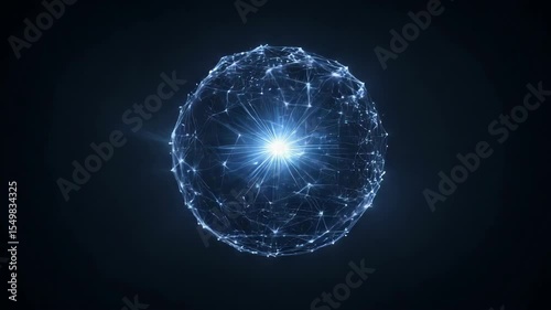 surreal ball rotation in the form of wavy organic lines curved in the process of deformation in translucent glass material with laser plasma neon lines around it in blue on a black background