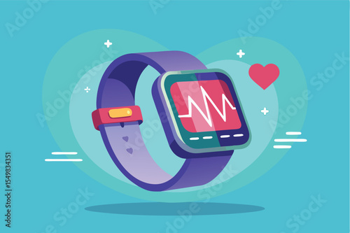 Smartwatch displaying heart rate and wellness metrics on a blue background featuring playful hearts