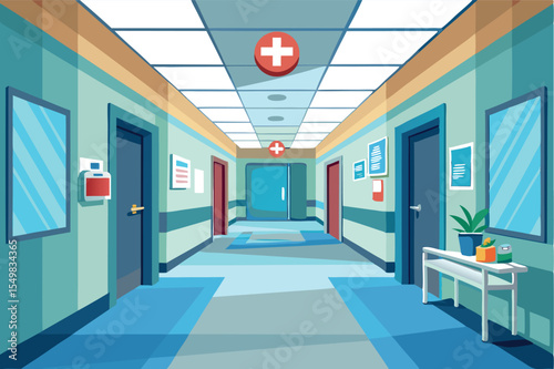Modern hospital corridor showing medical signage and waiting areas for patients and staff