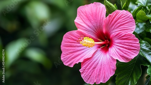 Close-up of a vibrant pink hibiscus flower with yellow center, lush green leaves in the background, natural and bright
