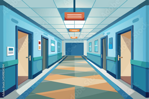 Hospital hallway featuring blue walls, colorful flooring, and doors leading to various rooms during daytime