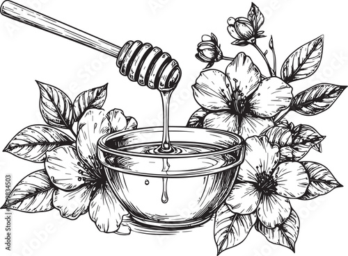 Vintage Honeycomb and Flower Illustration