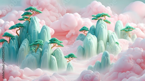 Pastel Mountain Landscape with Pine Trees