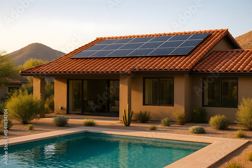 Modern Arizona House With Solar Panels And Pool Surrounded By Desert Landscape At Sunset