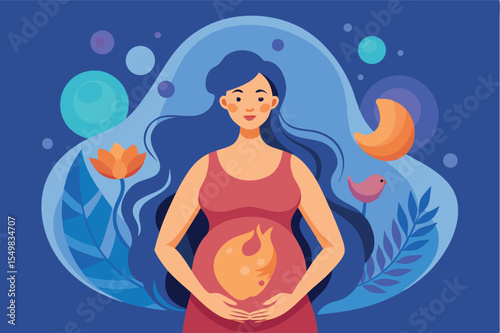 Expecting mother holds her belly with warmth in a vibrant, colorful artistic representation of motherhood and nature