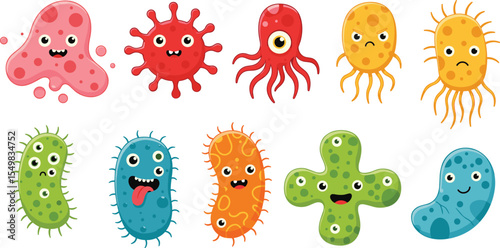 Adorable Cartoon Microorganisms with Expressive Faces: Fun, Colorful Illustrations for Science and Health Themes