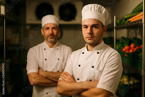 Professional Male Chefs Standing In Cold Storage Room With Fresh Vegetables Behind Serious Expressions
