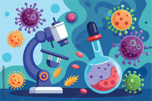Colorful illustration depicting a microscope and a flask surrounded by various microorganisms in a laboratory setting