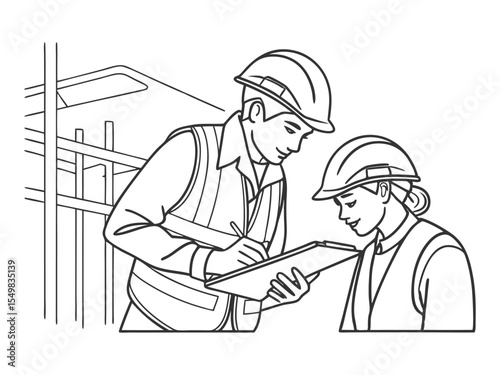 Minimal vector illustration. View of a Worker and an architect watching some details on a construction site.