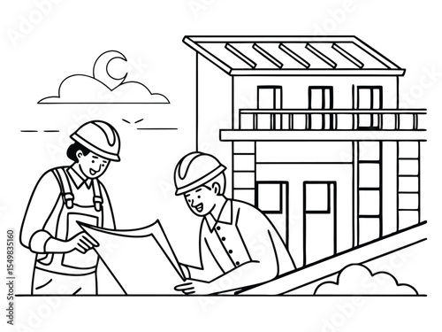 Minimal vector illustration. View of a Worker and an architect watching some details on a construction site.