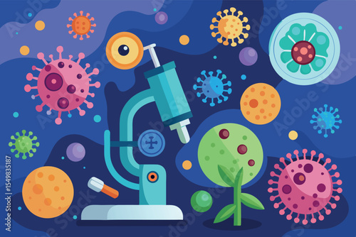 Colorful illustration of scientific research focusing on microorganisms with a microscope